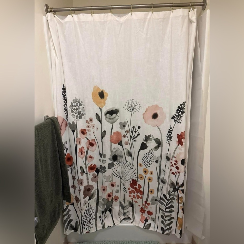 Floral Wave Shower Curtain White - Threshold™: Botanical Design with hooks!